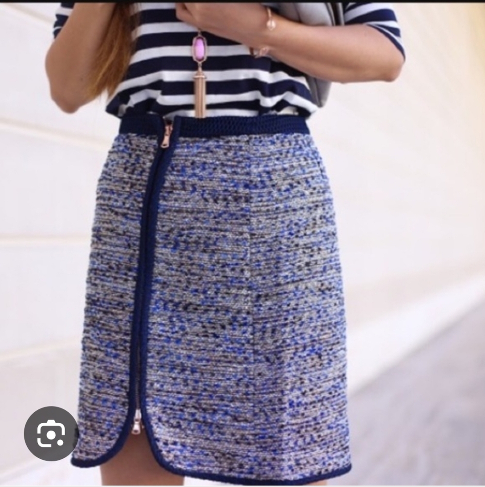 J Crew Metallic Tweed Front Zip Mini Skirt Size 4 Navy/White Rose Gold Hardware